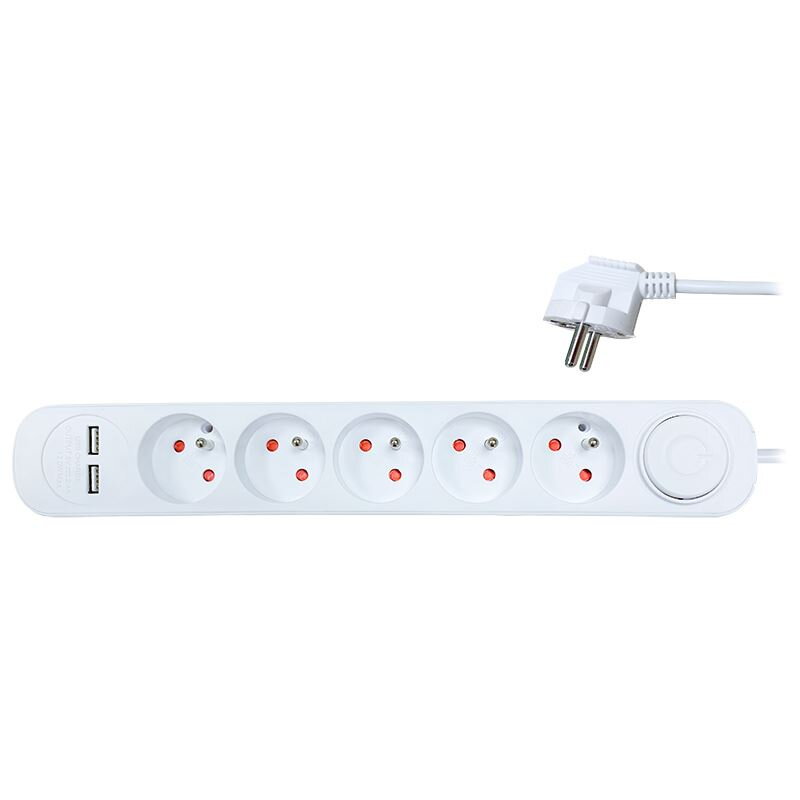 Solight predlžovací prívod, 5 zásuviek, USB 2.4A, biely, 3 x 1mm2, vypínač, 3m